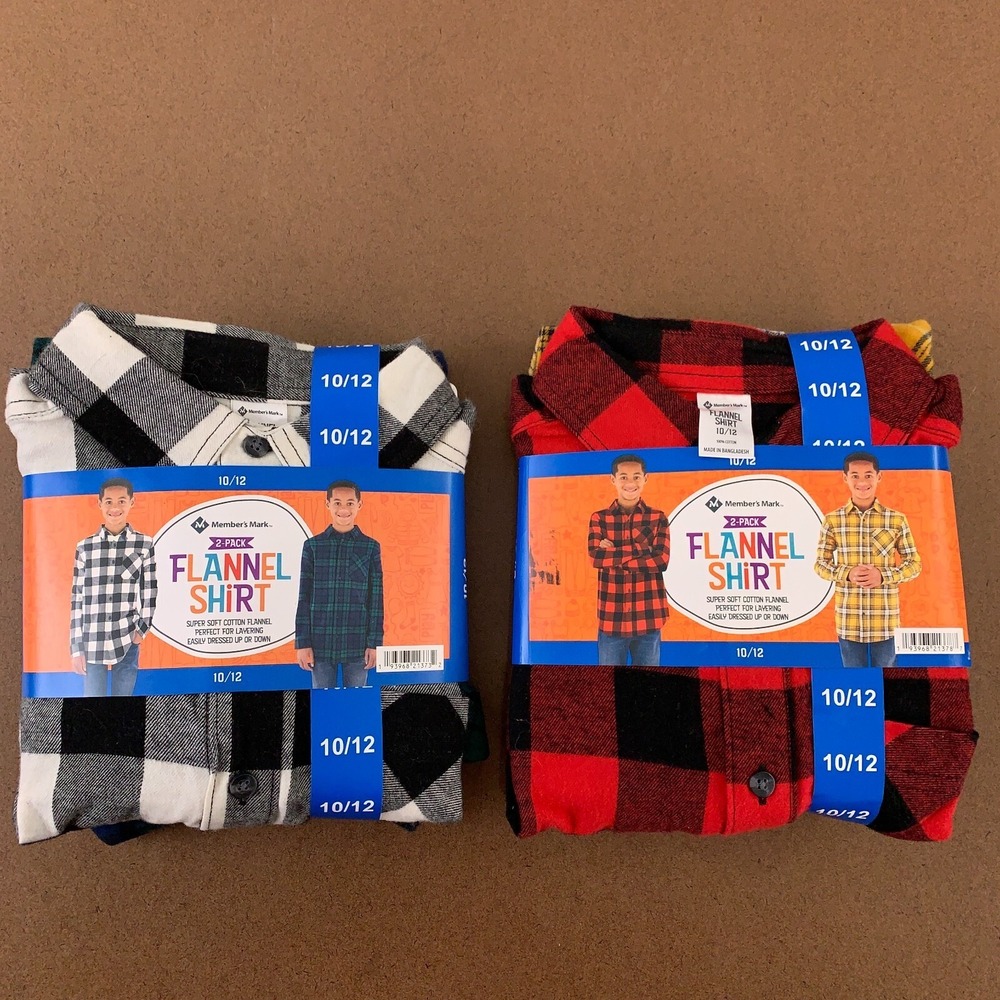 Members Mark Boys Size 10/12 Multi-Color Flannel Long Sleeve Shirts 4 Pieces NWT